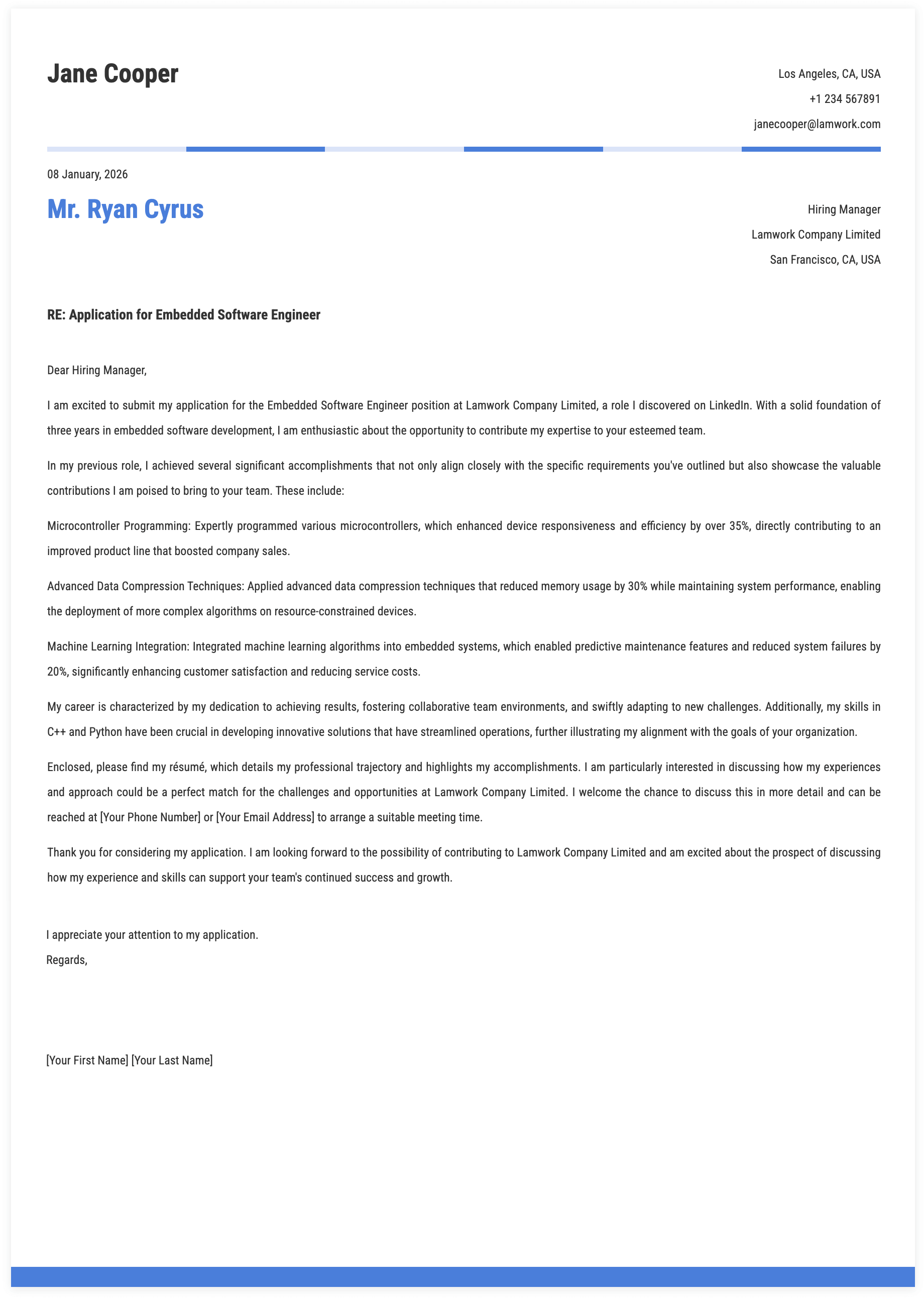 Embedded Software Engineer Cover Letter Template