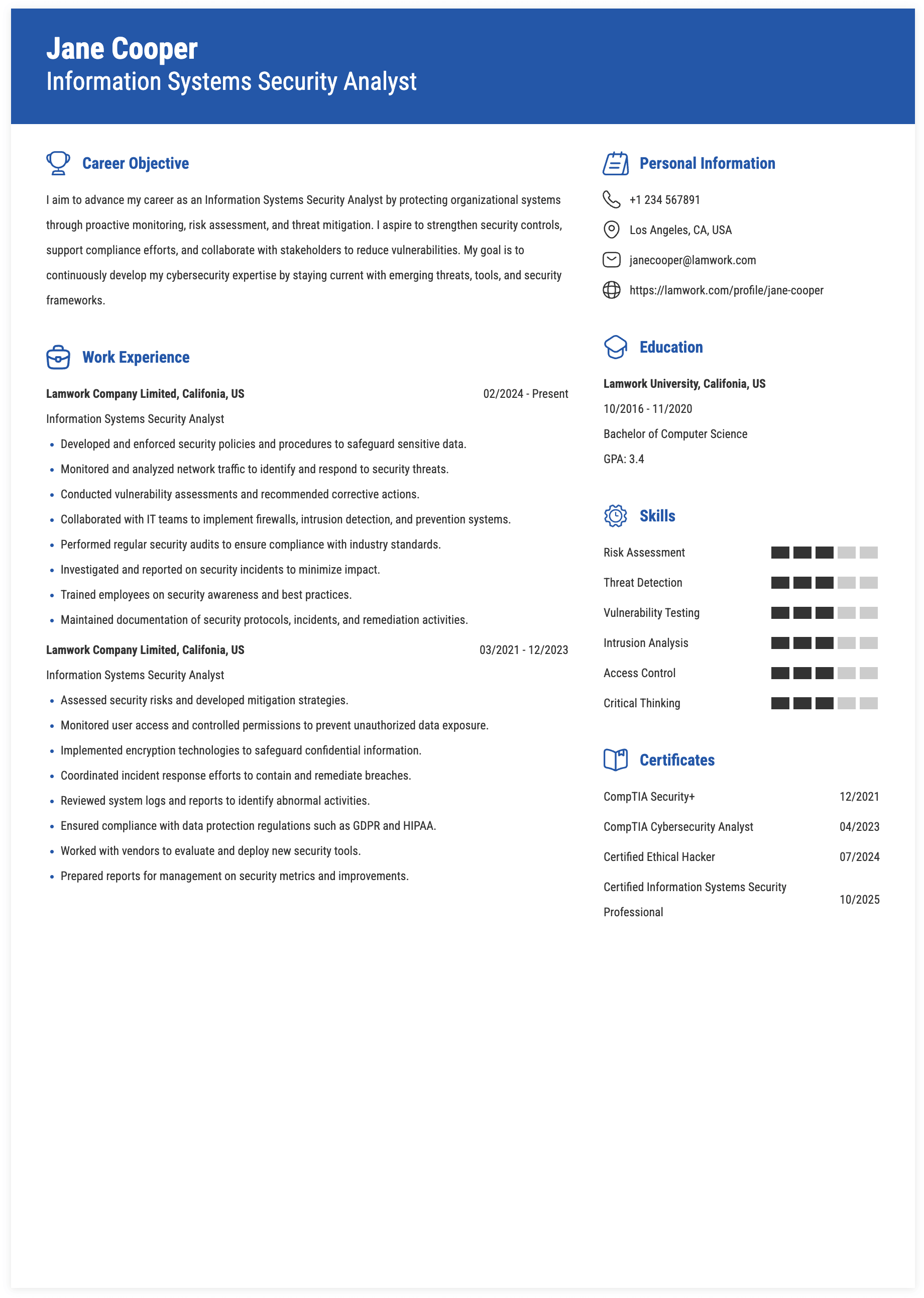 Information Systems Security Analyst Resume Example