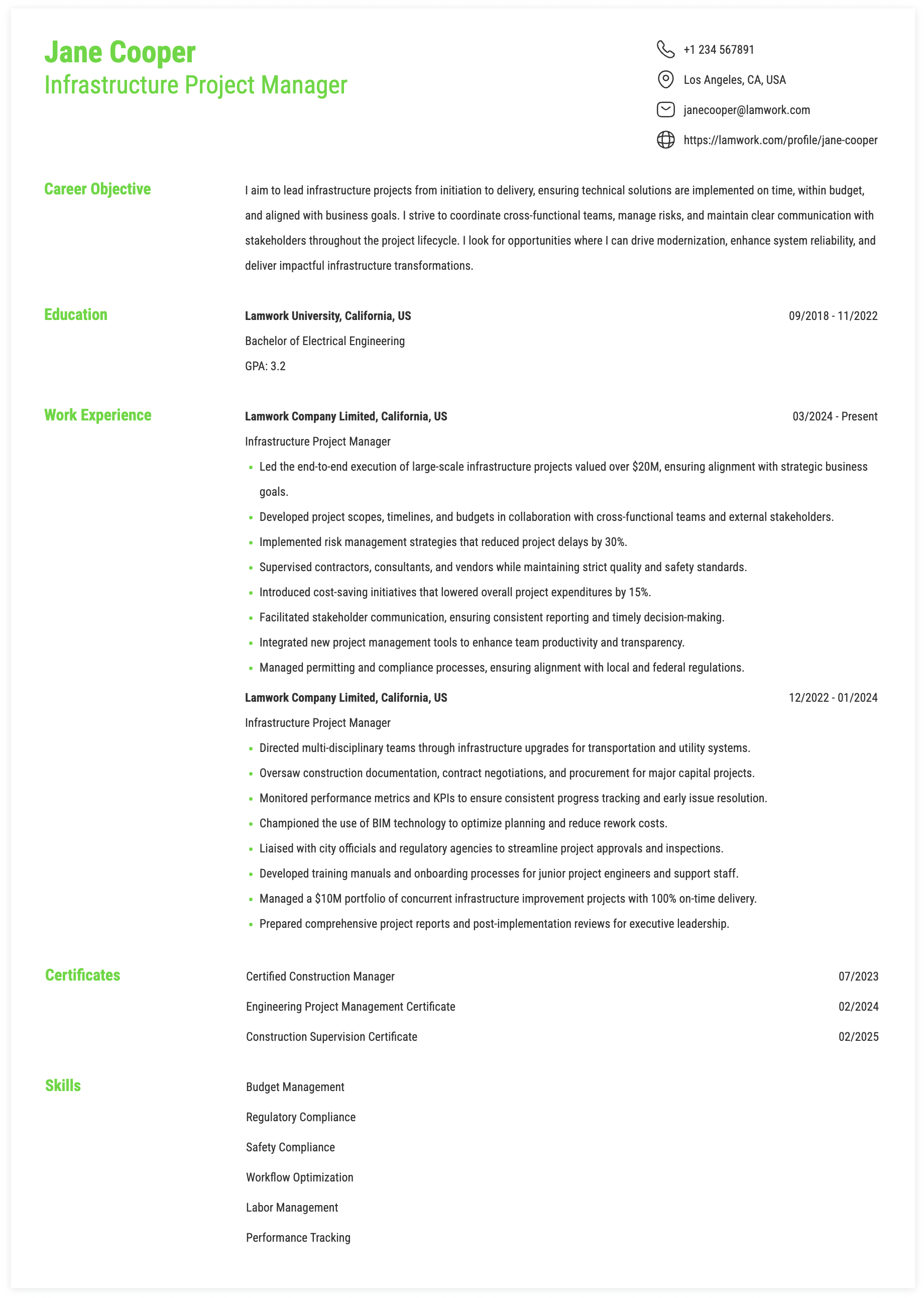 Infrastructure Project Manager Cv Example Infrastructure Project Manager Resume Example