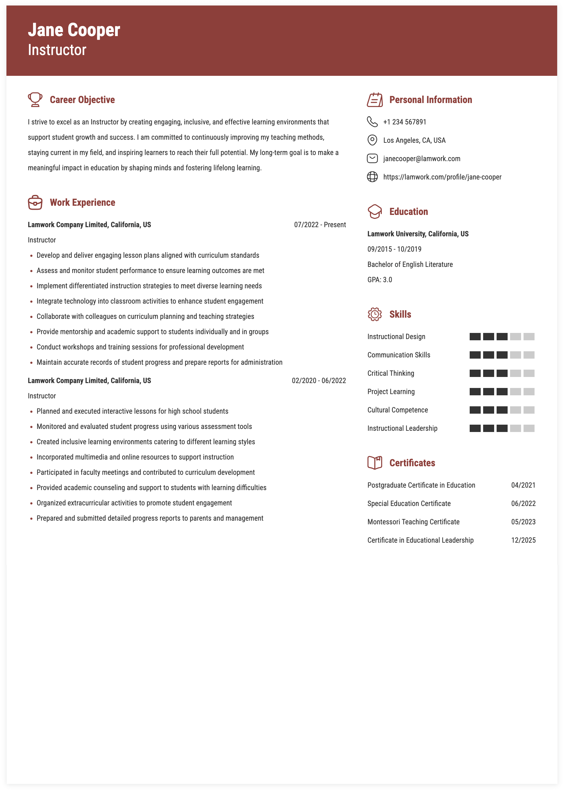 Course Instructor Resume Example Instructor Resume Example