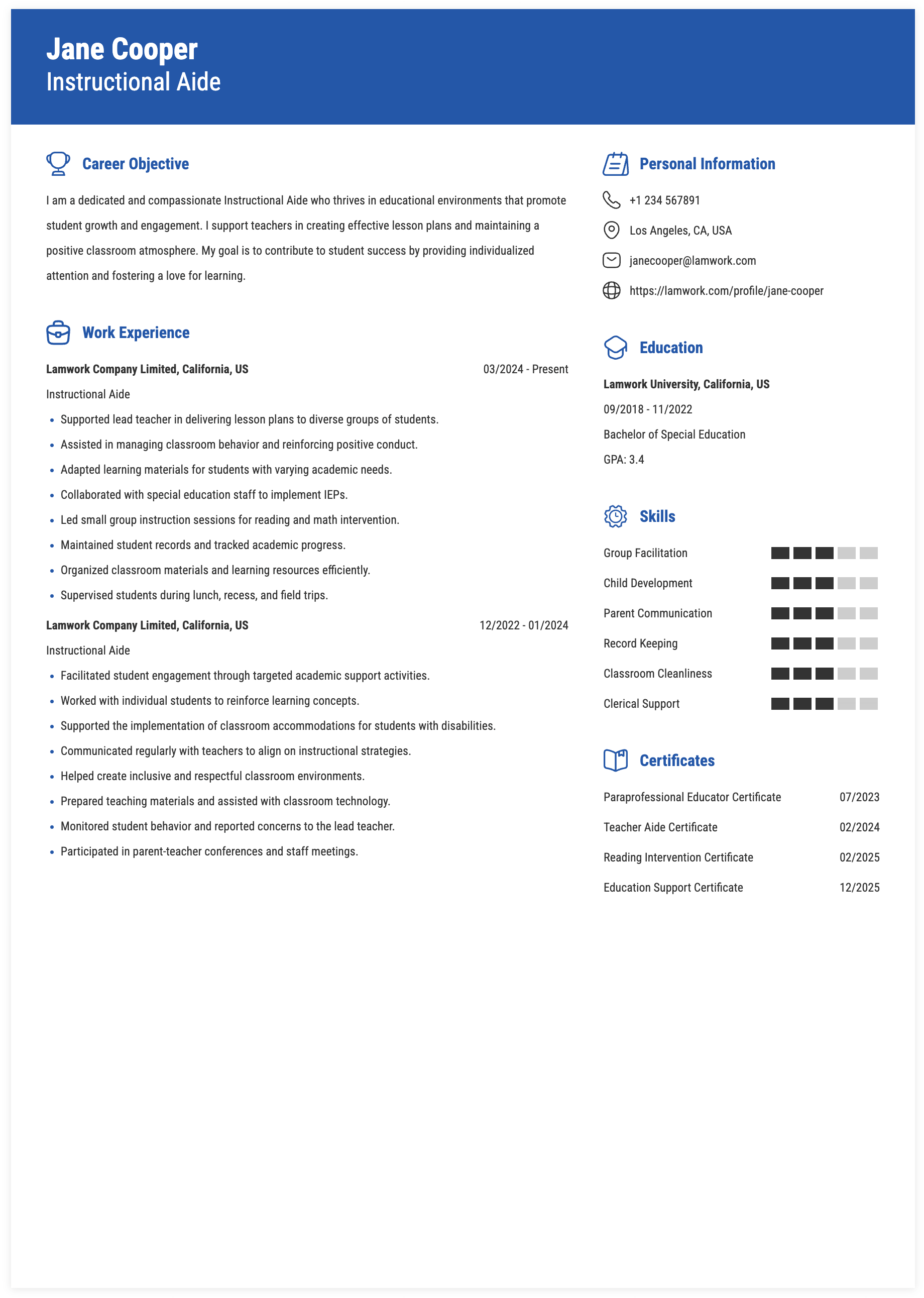 Instructional Aide Resume Example