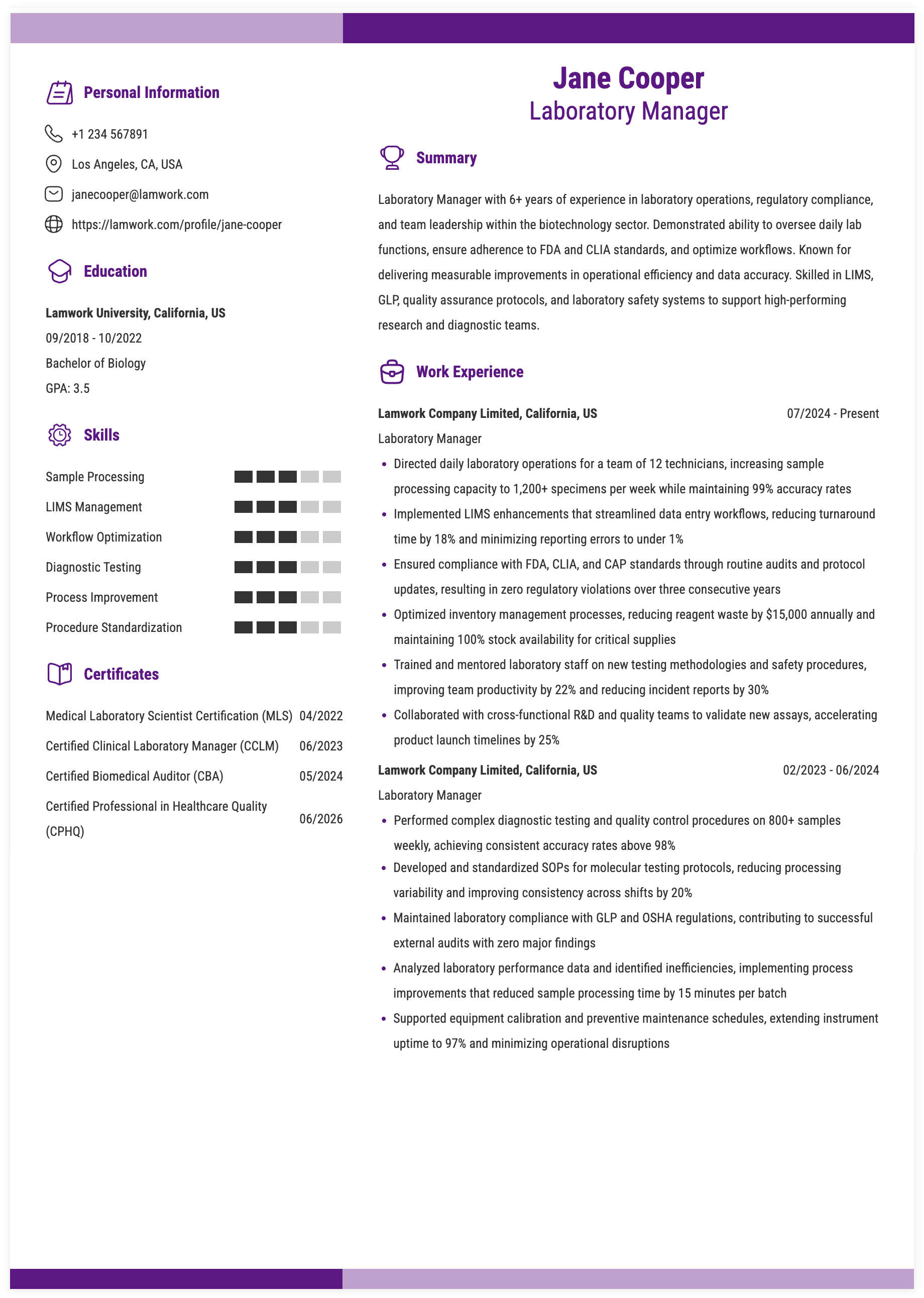 Laboratory Manager Resume Example