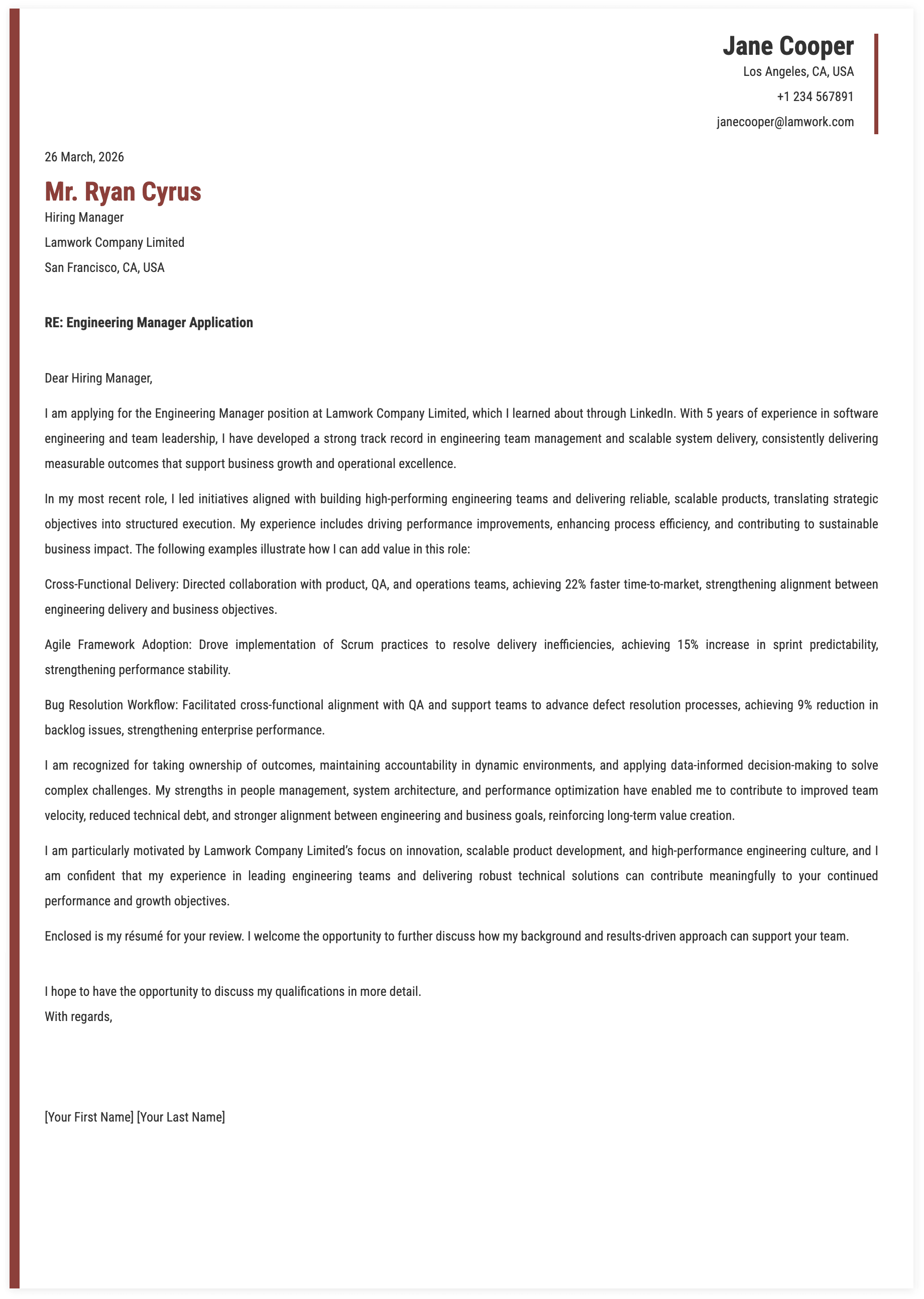 Engineering Manager Cover Letter Key Qualifications