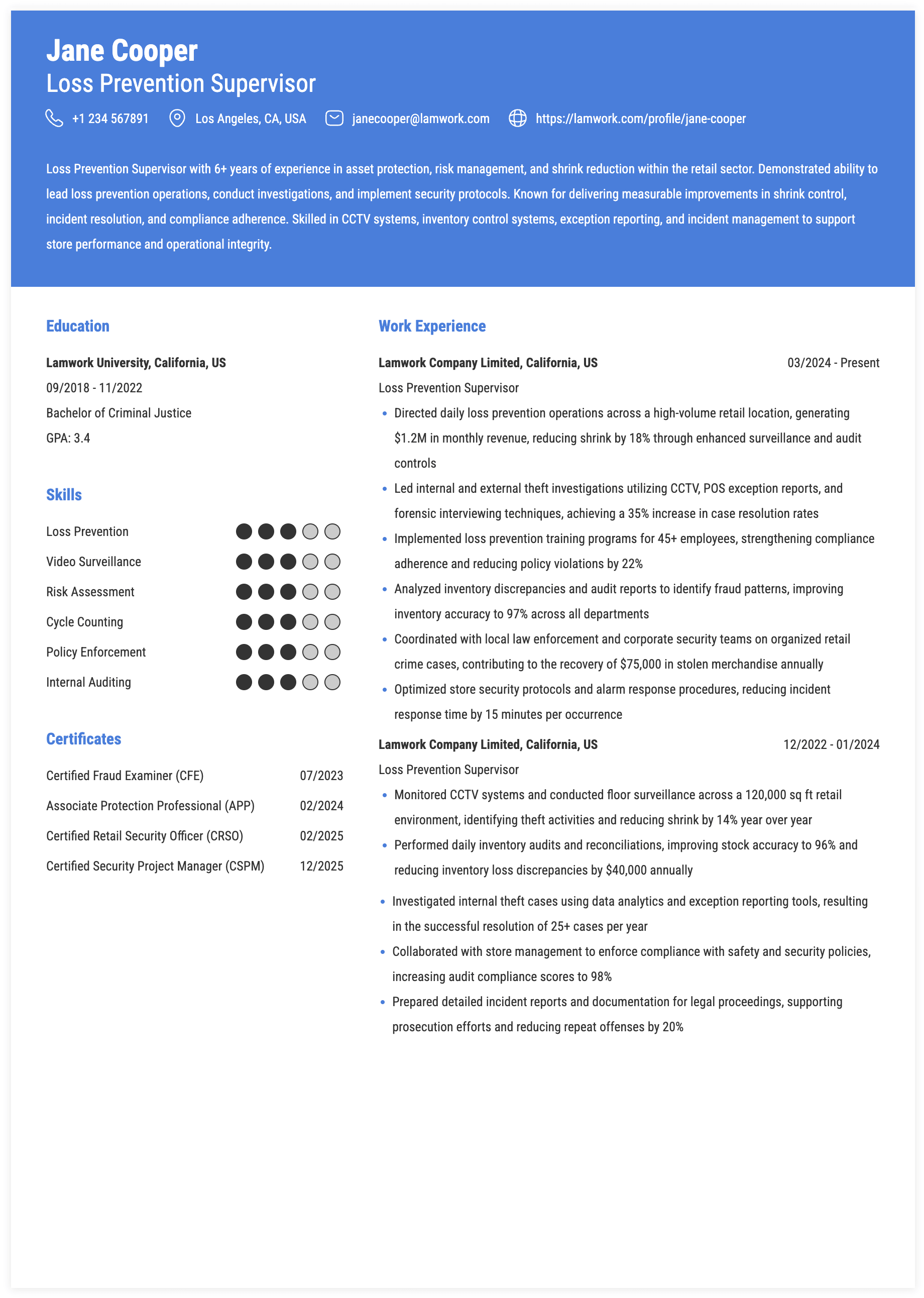 Loss Prevention Supervisor Resume Example