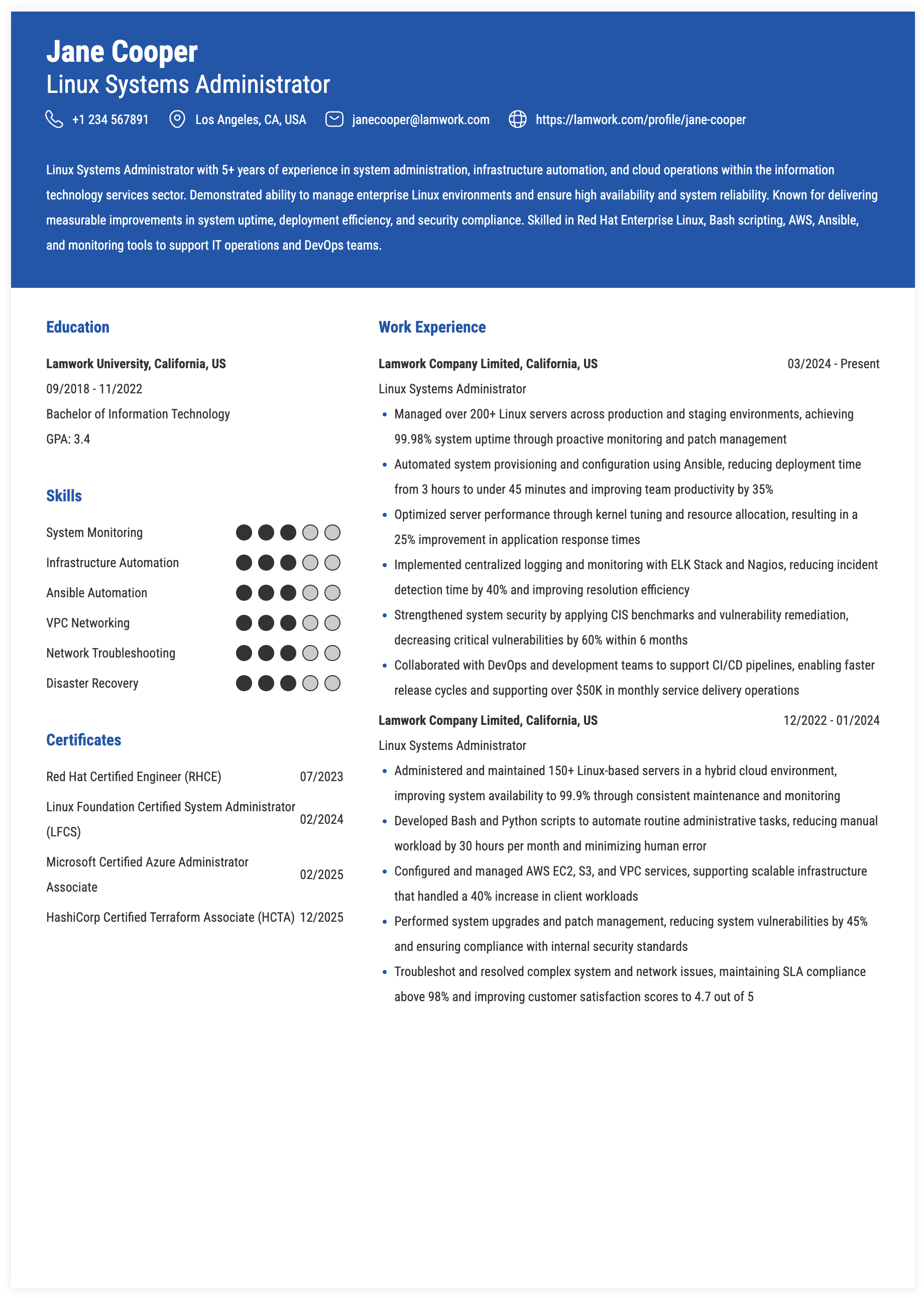 Linux Systems Administrator Resume Example