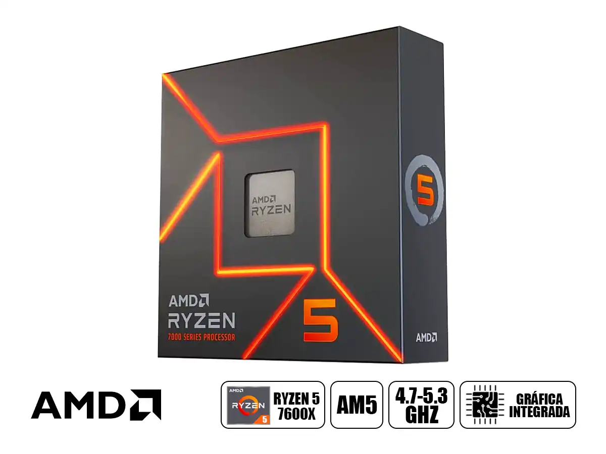 PROCESADOR AMD RYZEN 5 7600X 4.7GHZ HASTA 5.3GHZ 32MB (100 -100000593WOF) AM5, 6 NUCLEOS, S/COOLER vista 2