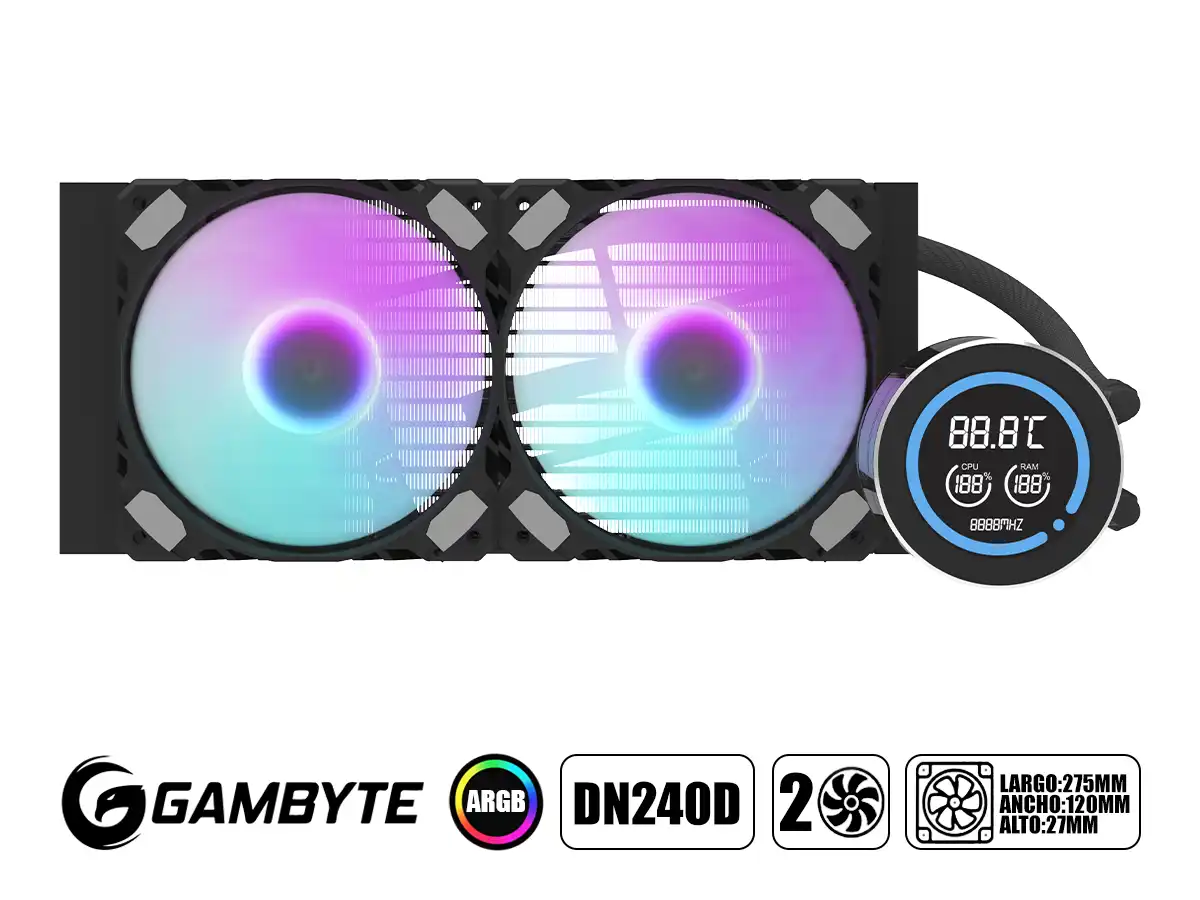 SISTEMA DE ENFRIAMIENTO LIQUIDO GAMBYTE DN240D (AIO-DN240DBL-GHT) 2 VENTILADORES CON ILUMINACION ARGB vista 2
