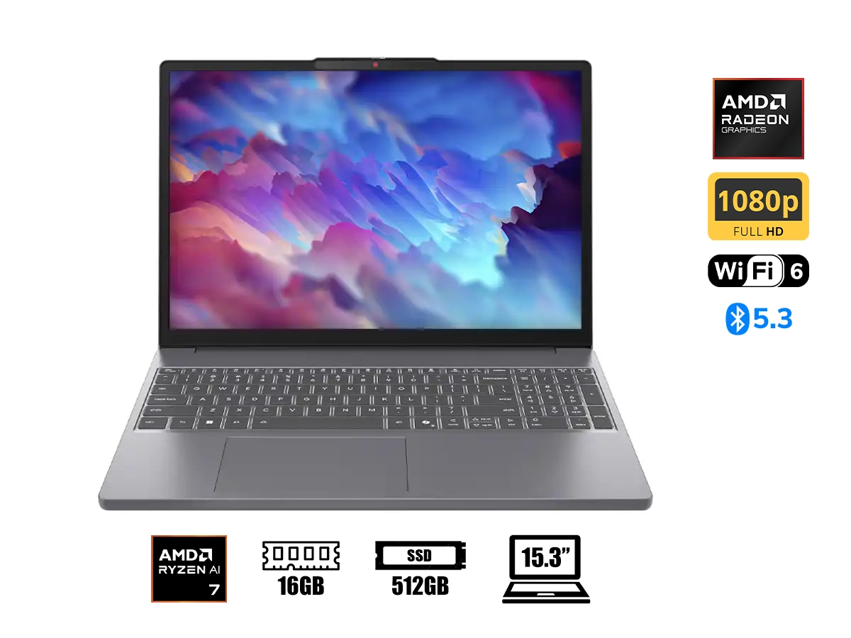 LAPTOP LENOVO AMD RYZEN 7-170 IDEAPAD SLIM 3 15ARP10 (83K700H3CF) PANTALLA 15.3 WUXGA IPS TACTIL, RAM 16GB, SSD 512GB, WIN11, LUNA GREY vista 2