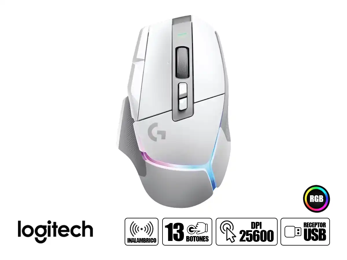 MOUSE LOGITECH G502 X PLUS (910-006170) HASTA 25.600 DPI, 13 BOTONES PROGRAMABLES, RGB, BLANCO vista 2