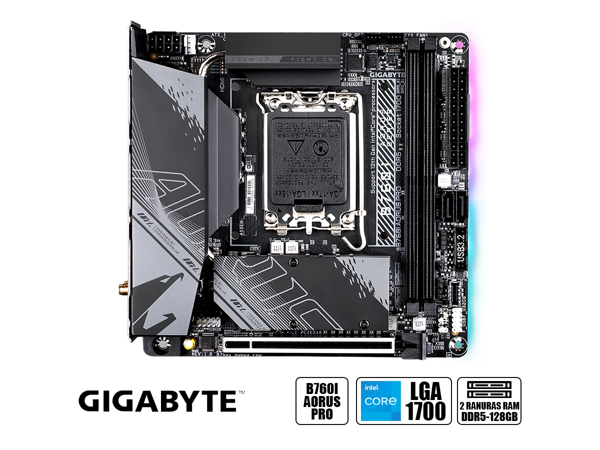 PLACA MADRE GIGABYTE B760I AORUS PRO (9MB76IPRO-00-G10) WIFI6E SOCKET LGA 1700, RAM DDR5, 14VA, 13VA, 12VA GEN, RGB vista 2