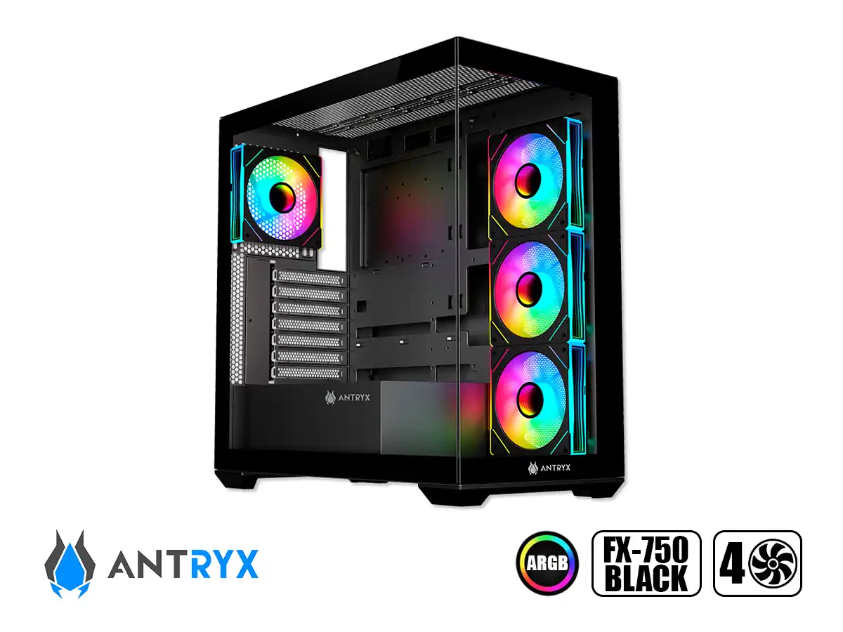 CASE ANTRYX FX-750 BLACK GAMING S/FUENTE (AC-FX750K) PANELES DE VIDRIO, 4 VENTILADORES, LED ARGB, NEGRO vista 2