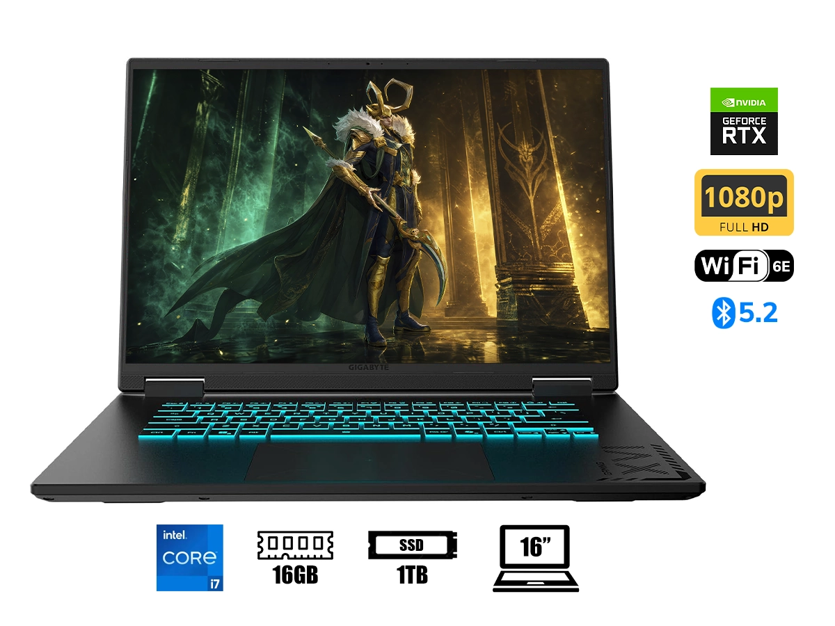 LAPTOP GIGABYTE CORE I7-13620H A16 (CTHI3US894SH) RAM 16GB DDR5, SSD 1TB, RTX 5050 8GB, PANTALLA 16 WUXGA 165HZ IPS, WIN11, BLACK, RGB vista 2