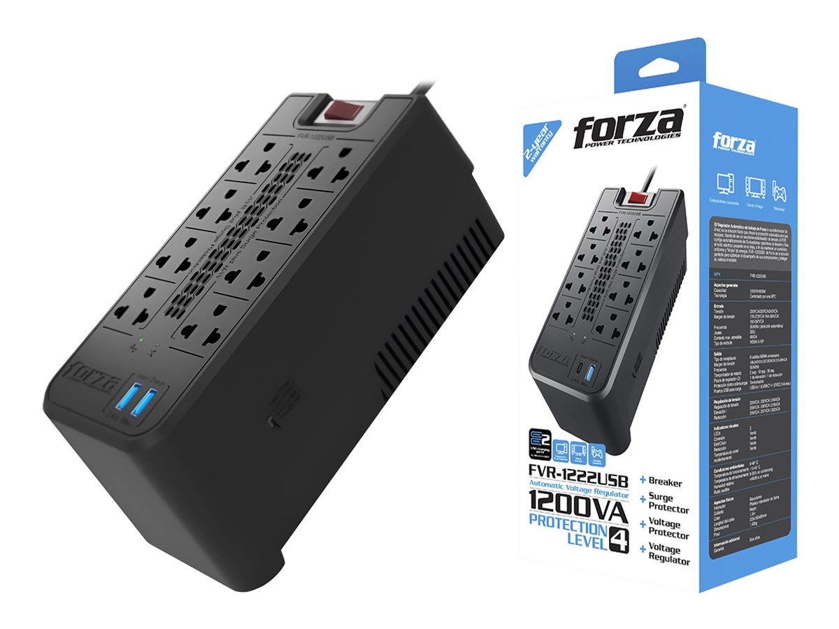 ESTABILIZADOR FORZA 1200VA 8 TOMAS Y 2 PUERTO USB, CAPACIDAD 1200VA / 600W, ENTRADA NEMA 5 -15P, INDICADOR DE LUZ LED, COLOR NEGRO (FVR-1222USB)