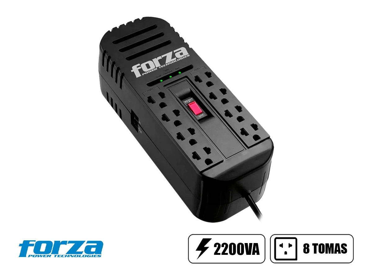 ESTABILIZADOR FORZA 2200VA / 1100W 8 TOMAS, FRECUENCIA 50 / 60HZ, DIMENSION 250X95X80MM, INTERRUPTOR ILUMINADO, COLOR NEGRO (FVR-2202) vista 2