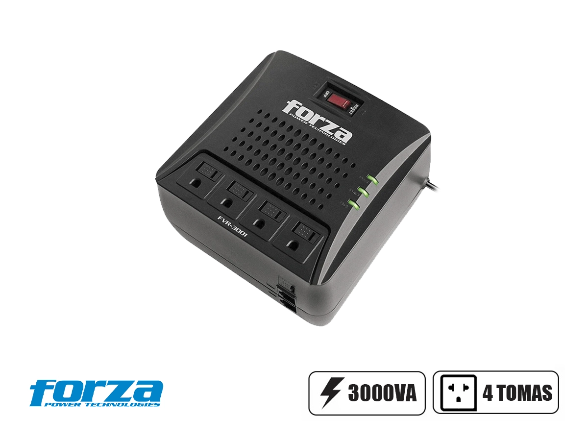 ESTABILIZADOR FORZA 3000VA 4 TOMAS, PROTECCIÓN PARA LÍNEA DE DATOS, PROTECCION DE SOBRETENCIONES, LUZ LED DE ESTADO, COLOR NEGRO (FVR-3002) vista 2