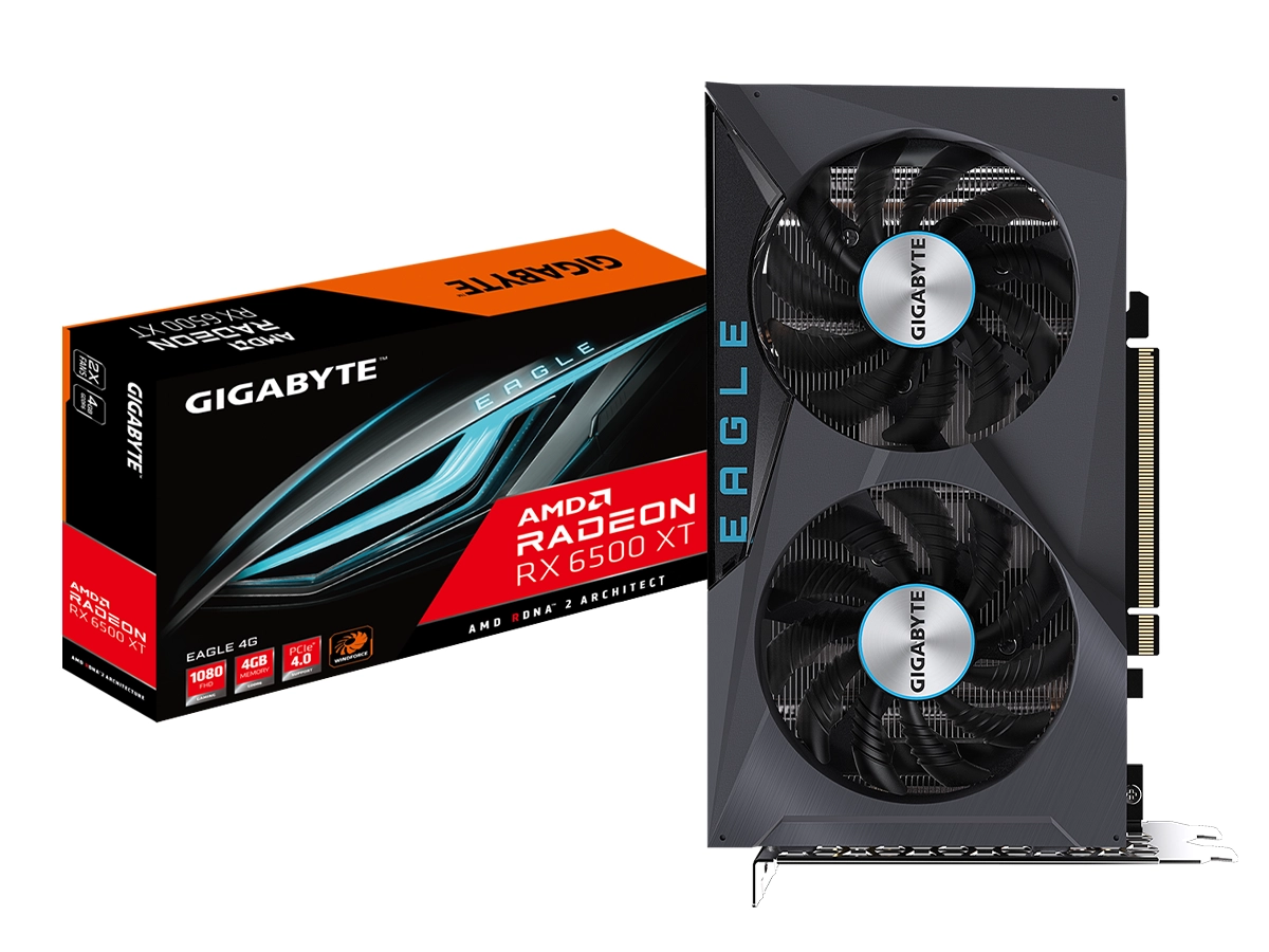 TARJETA DE VIDEO GIGABYTE RX 6500 XT EAGLE 4GB DDR6 (GV-R65XTEAGLE-4GD) RADEON 64 BITS, 2 VENTILADORES