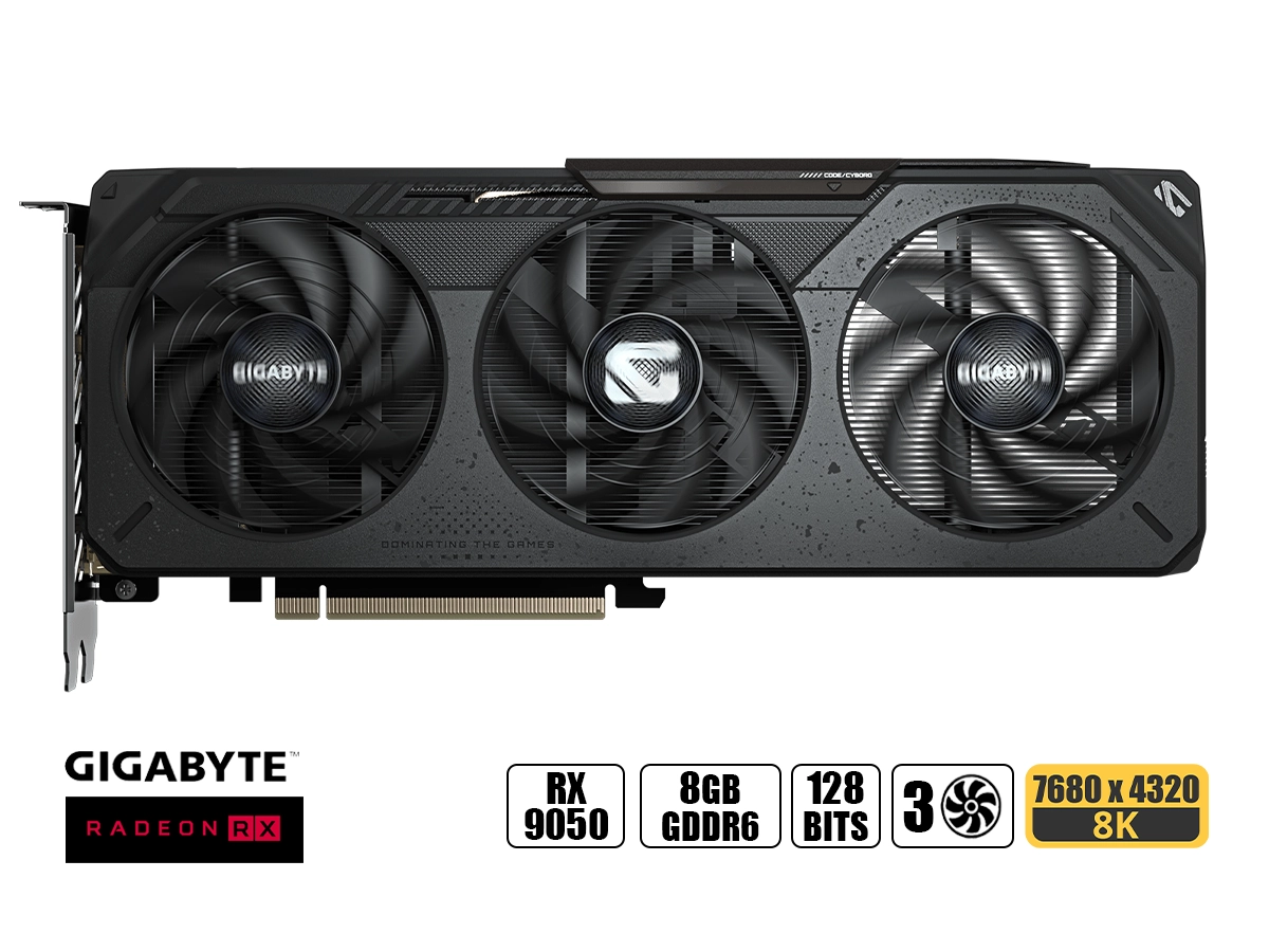 TARJETA DE VIDEO GIGABYTE RX 9050 8GB GAMING 128 BIT PCI 5.0 GDDR6 (GV-R9050GAMING OC-8GD) 3 VENTILADORES vista 2