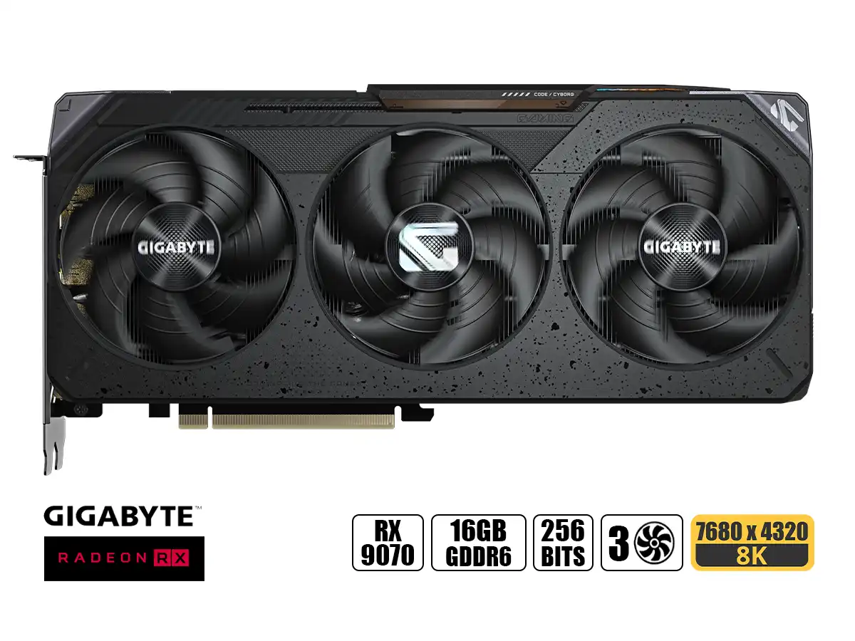 TARJETA DE VIDEO GIGABYTE RX 9070 16GB GAMING OC (GV-R970GAMING-OC-16GD ) RADEON 256BITS, 3 VENTILADORES vista 2