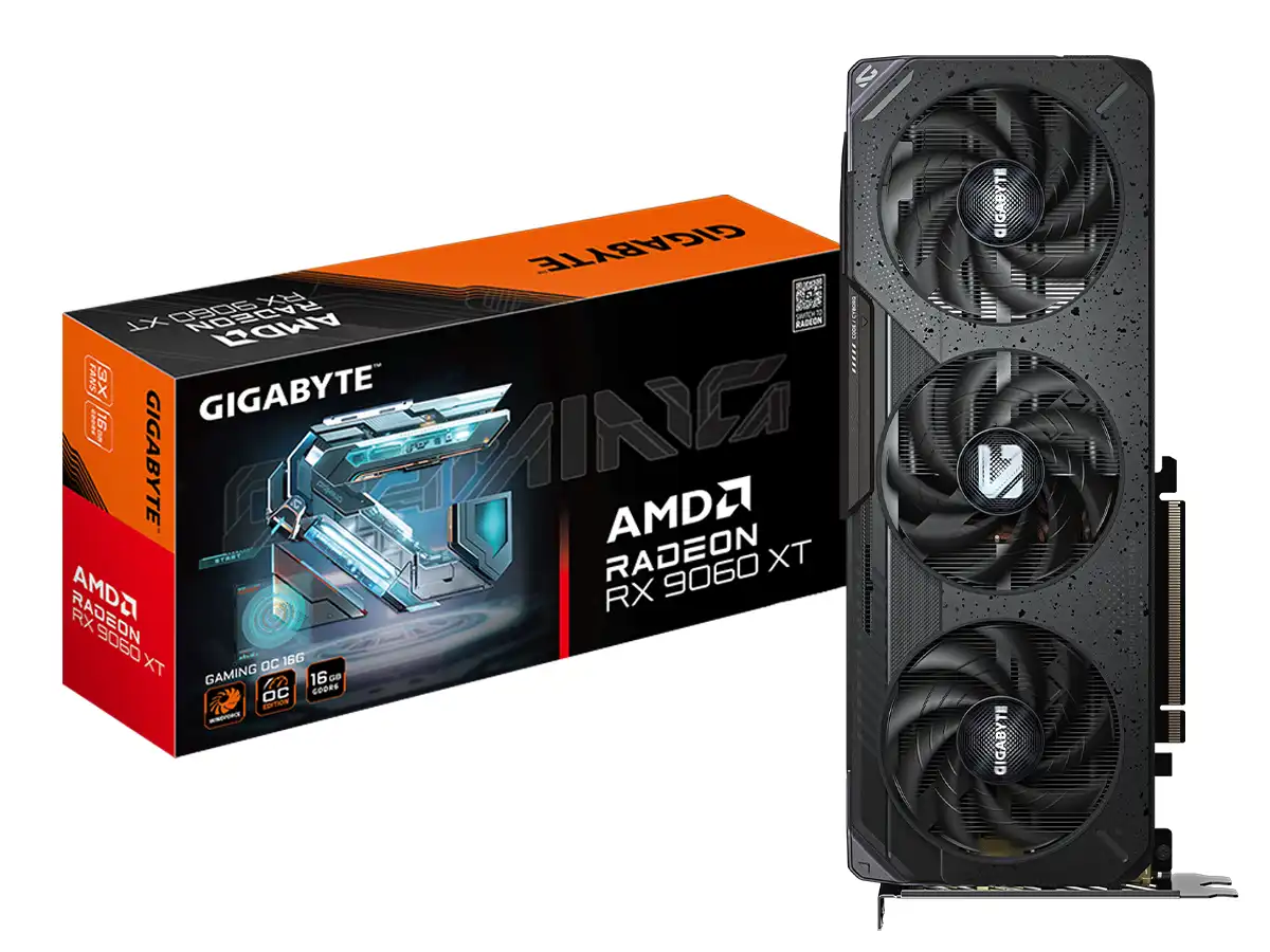 TARJETA DE VIDEO GIGABYTE RX 9060XT 16GB GAMING 128 BIT PCI 5.0 GDDR6 (GV-RX9060XTGAMING OC-16GD) 3 VENTILADORES