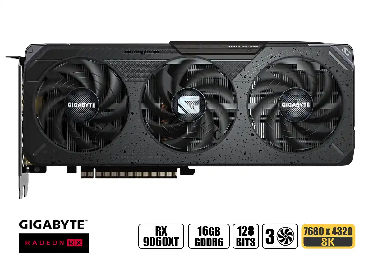 TARJETA DE VIDEO GIGABYTE RX 9060XT 16GB GAMING 128 BIT PCI 5.0 GDDR6 (GV-RX9060XTGAMING OC-16GD) 3 VENTILADORES vista 2