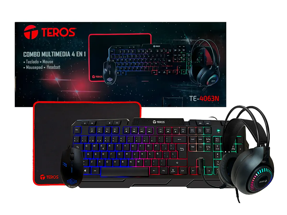 COMBO 4 EN UNO TEROS GAMER TE4063N (KBMSHDSTE4063N) TECLADO LED, MOUSE LED, AURICULAR LED, PAD MOUSE, NEGRO