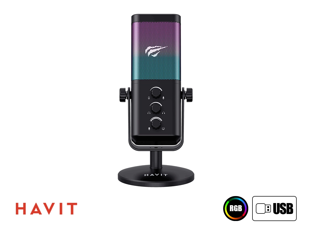 MICROFONO GAMER HAVIT GK65 RGB  NEGRO JACK 3.5MM, USB TIPO C vista 2