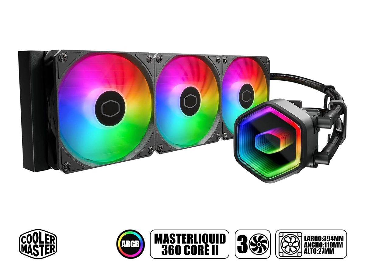 SISTEMA DE ENFRIAMIENTO LIQUIDO COOLER MASTER MASTERLIQUID 360 CORE II (MLW-D36M-A18PA-R1) 3 VENTILADORES, LED ARGB vista 2