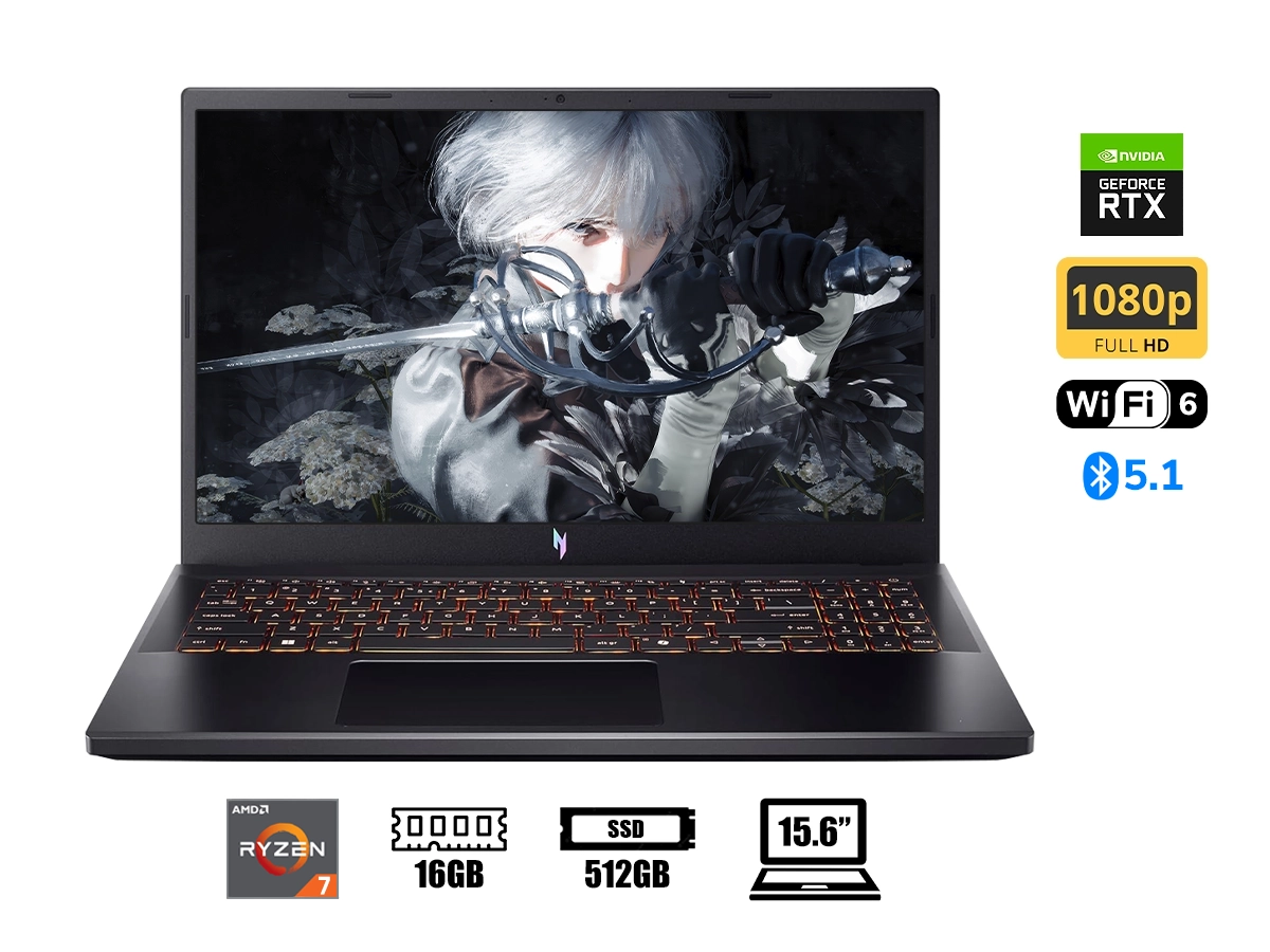 LAPTOP ACER RYZEN 7-170 NITRO V 15 ANV15-A31-R4YK GAMING (NHU3QAL001) PANTALLA 15.6, RAM 16GB, SSD 512GB, RTX 5050 8GB, FREEDOS vista 2