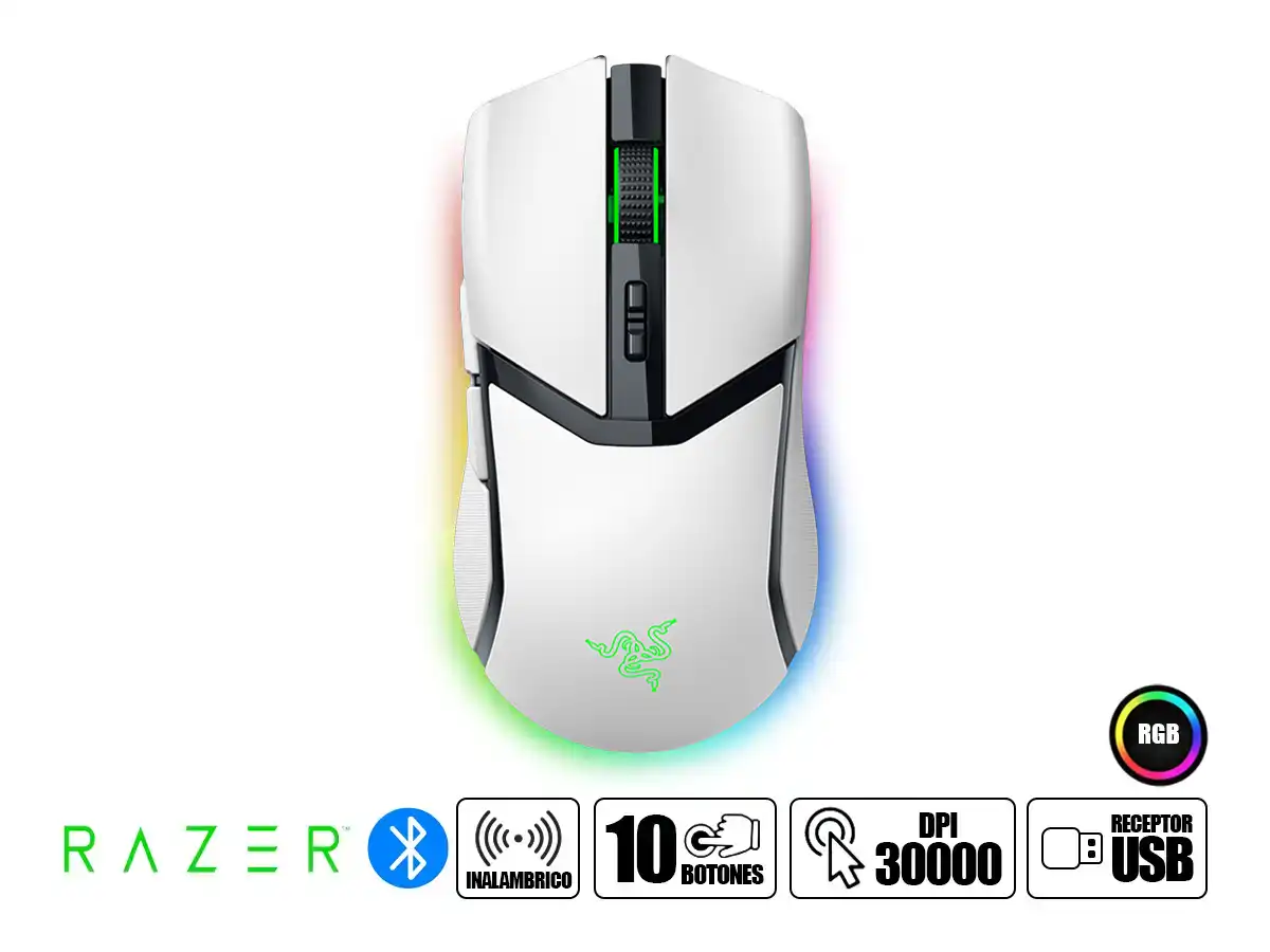 MOUSE INALAMBRICO RAZER COBRA PRO (RZ01-04660200-R3U1) 30.000 DPI, 10 BOTONES PROGRAMABLES, RECEPTOR USB, USB C, BT, RGB, BLANCO vista 2