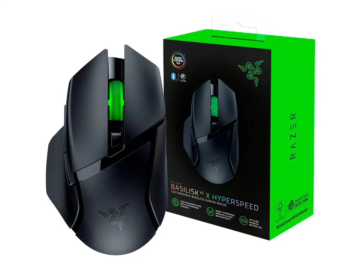 MOUSE INALAMBRICO RAZER BASILISK V3 X HYPERSPEED GAMING (RZ01-04870100-R3U1) 18.000 BOTONES, 7 BOTONES, RECEPTOR USB, BT, RGB, NEGRO