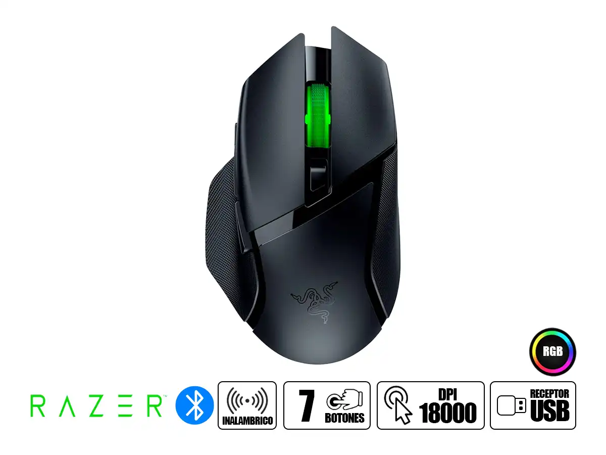 MOUSE INALAMBRICO RAZER BASILISK V3 X HYPERSPEED GAMING (RZ01-04870100-R3U1) 18.000 BOTONES, 7 BOTONES, RECEPTOR USB, BT, RGB, NEGRO vista 2