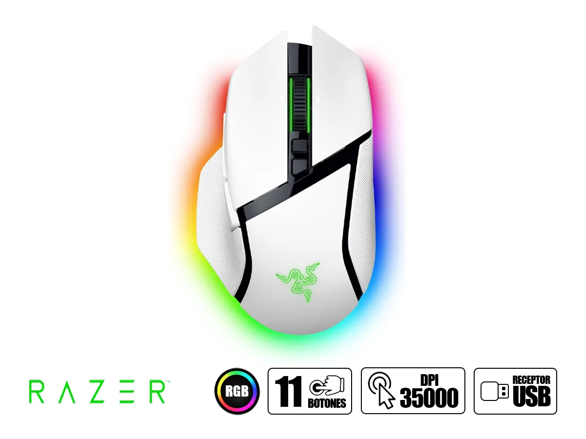 MOUSE INALAMBRICO RAZER BASILISK V3 PRO 35K GAMING (RZ01-05240200-R3U1) 35.000 DPI, 11 BOTONES PROGRAMABLES, RGB, BLANCO vista 2