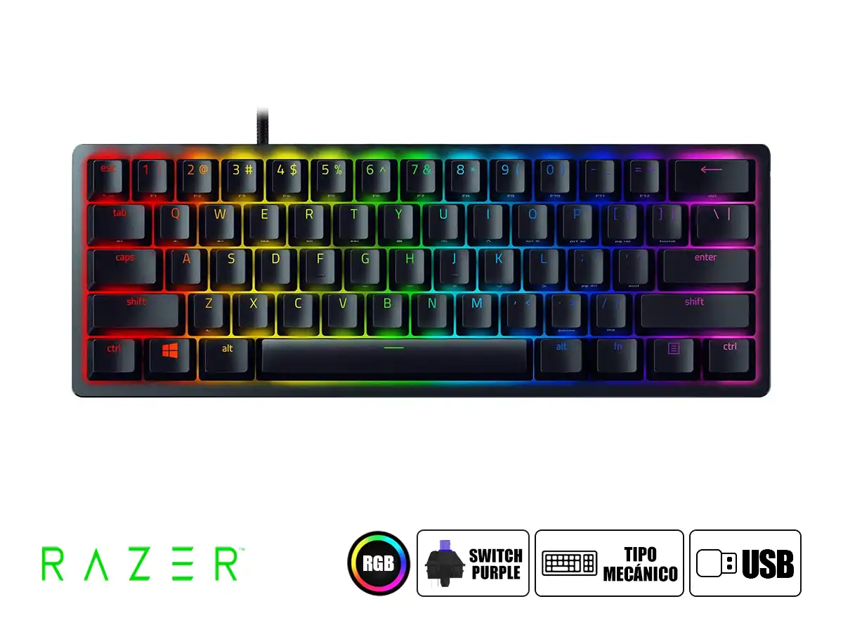 TECLADO GAMER RAZER HUNTSMAN MINI (RZ03-03392900-R311) MECANICO, SWITCH PURPLE, LED RGB, ES, NEGRO vista 2