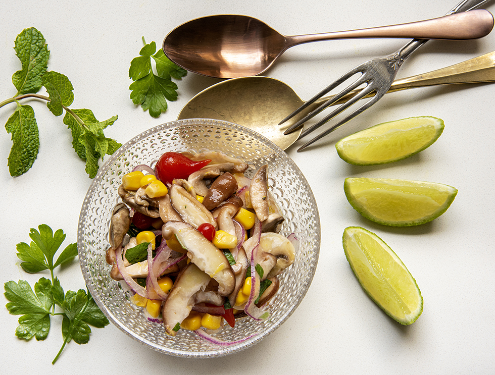 Ceviche de Cogumelos com kombucha de Gengibre e Limão