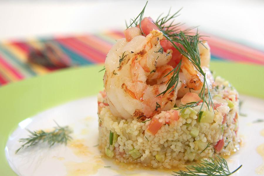 Salada de Couscous Marroquino, Camarão ao Molho de Limão e Gengibre