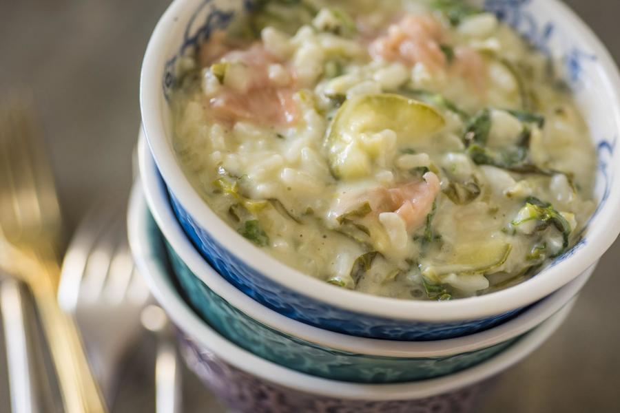 Risoto de Abobrinha, Escarola e Salmão Defumado