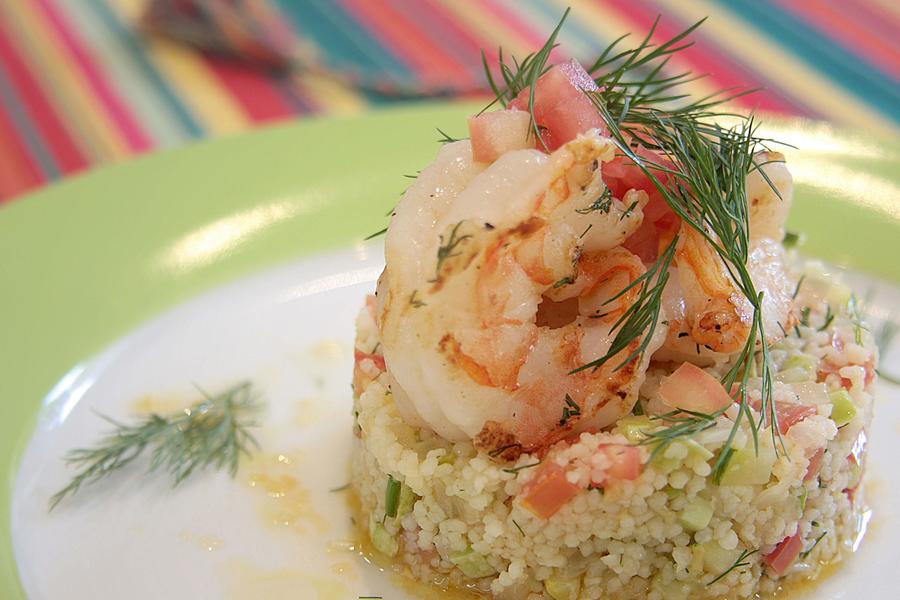 Salada de Couscous Marroquino, Camarão ao Molho de Limão e Gengibre