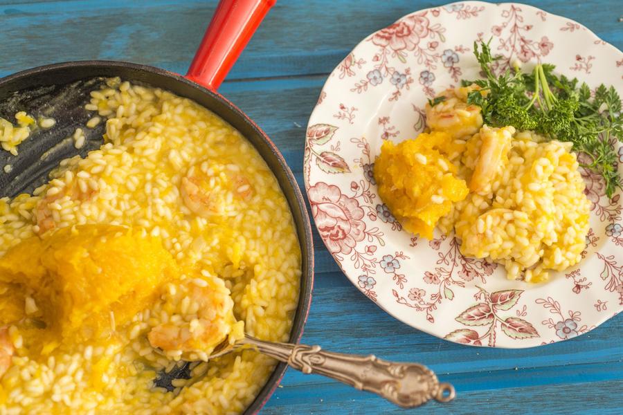 Risoto de Camarão com Fonduta de Abóbora