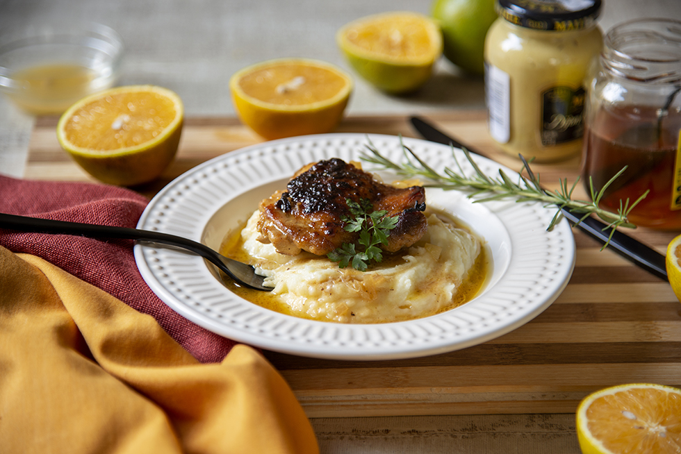 Sobrecoxas com Mostarda, Laranja e Mel