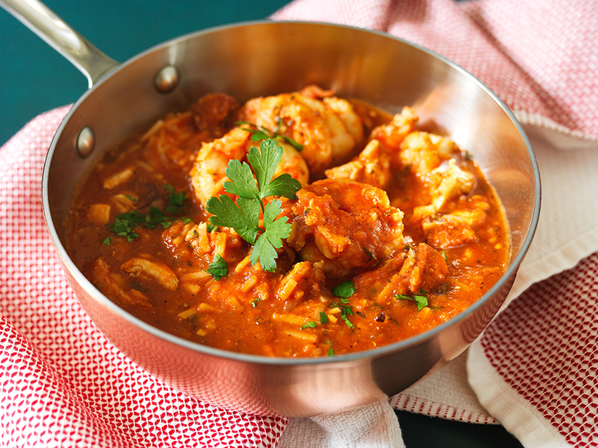 Jambalaya Crioula com Frango, Camarão e Arroz de Palmito