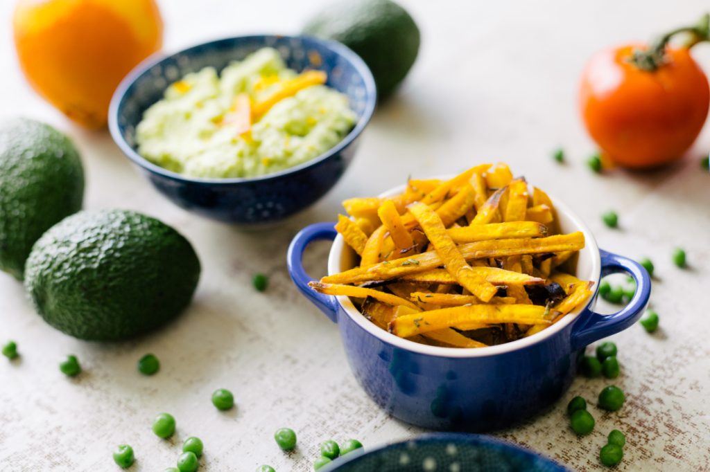 Palitos de Abóbora com Trio de Dips (Avocado e Laranja, Ketchup com Manjericão, Ervilha com Iogurte)