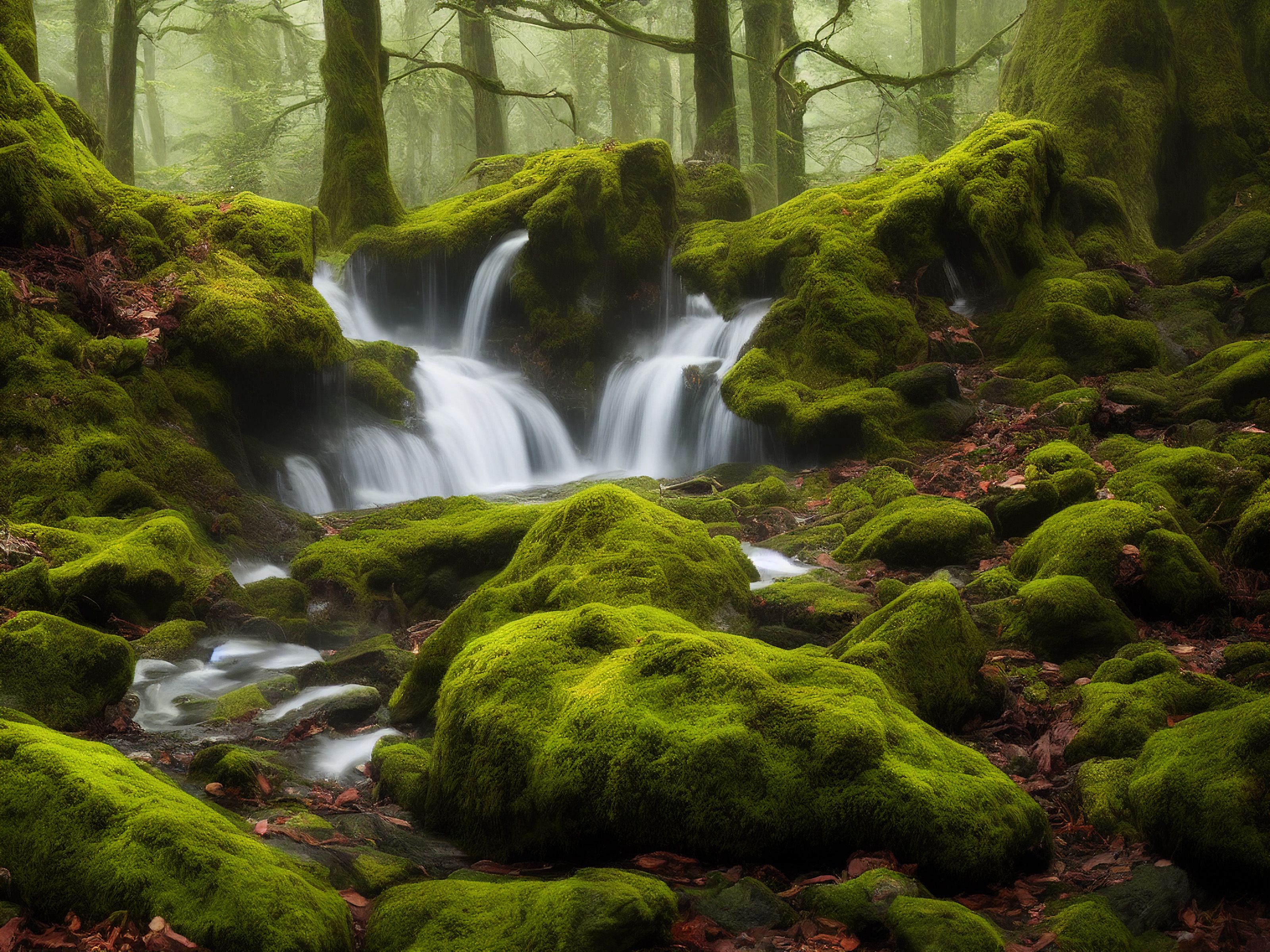 Oirase Gorge stream with moss-covered rocks and waterfalls in spring