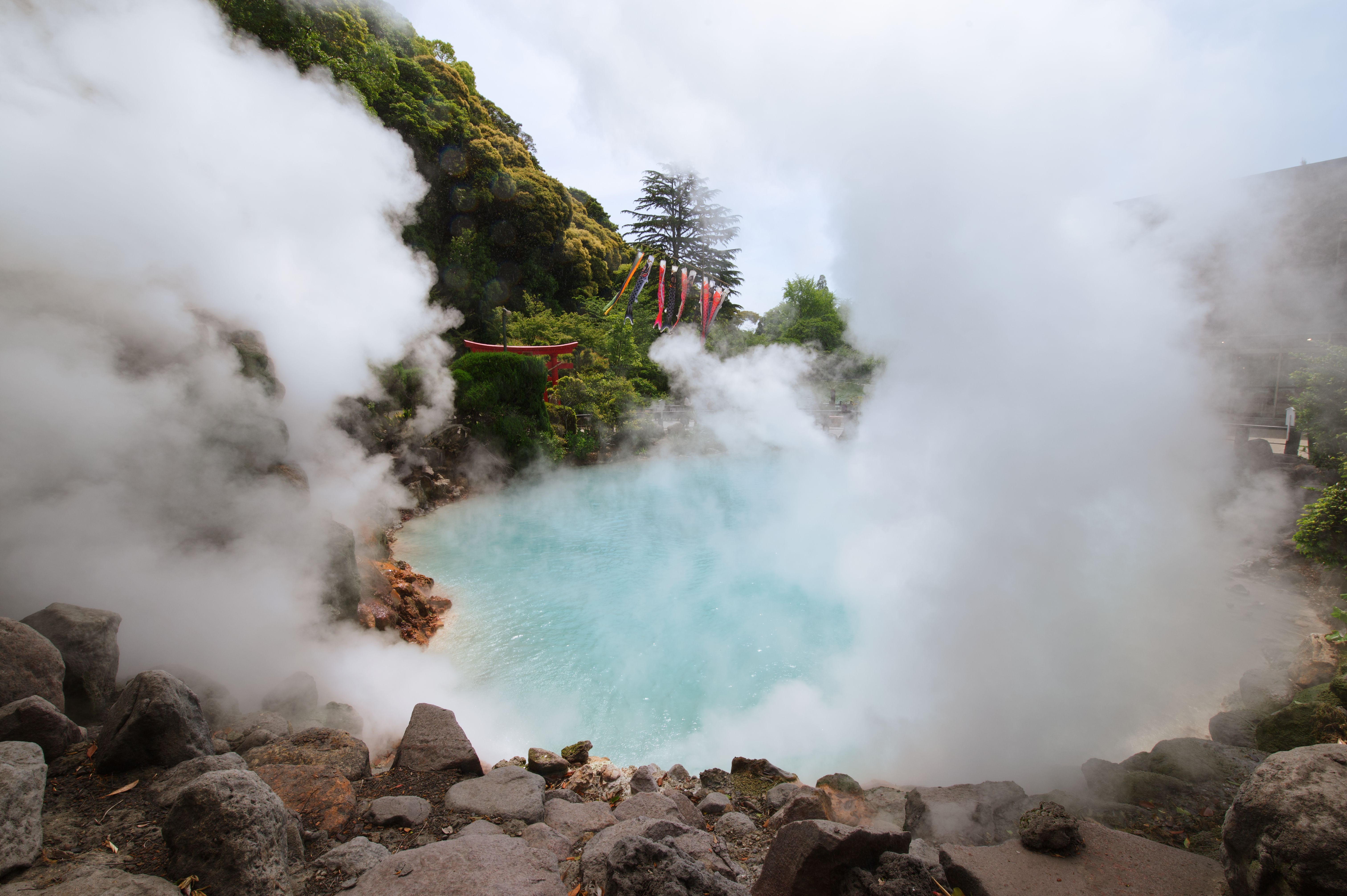 Sukayu Onsen steaming sulfur hot spring with milky white water