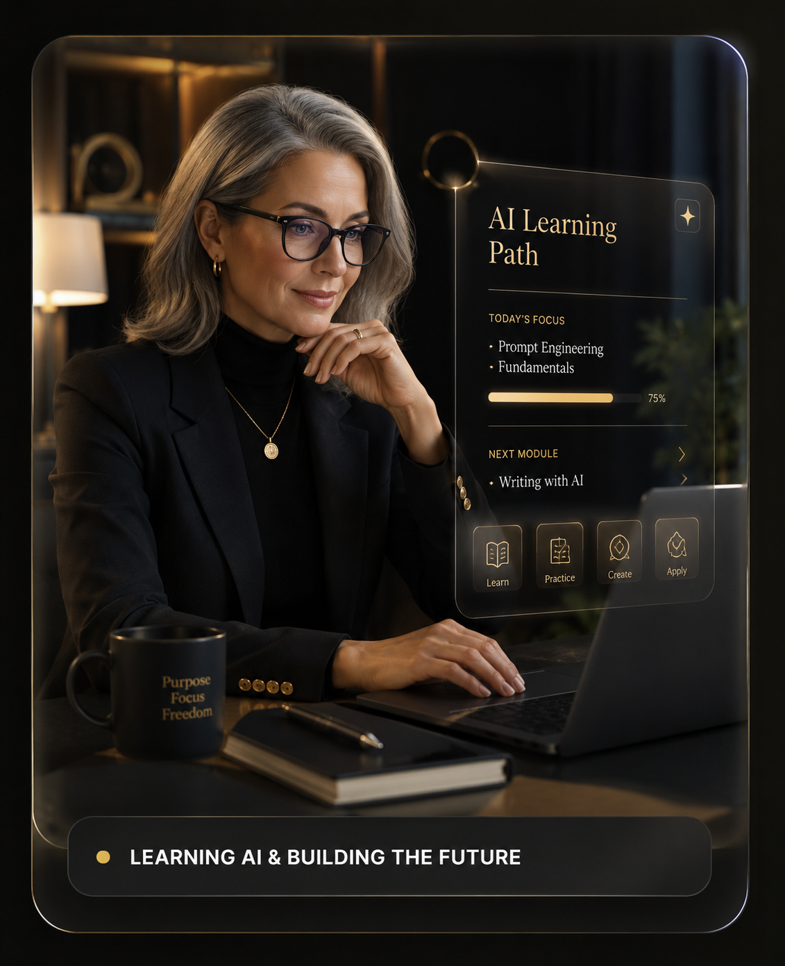 Adult in their late 50s confidently writing and using AI on their laptop in a well-lit studio