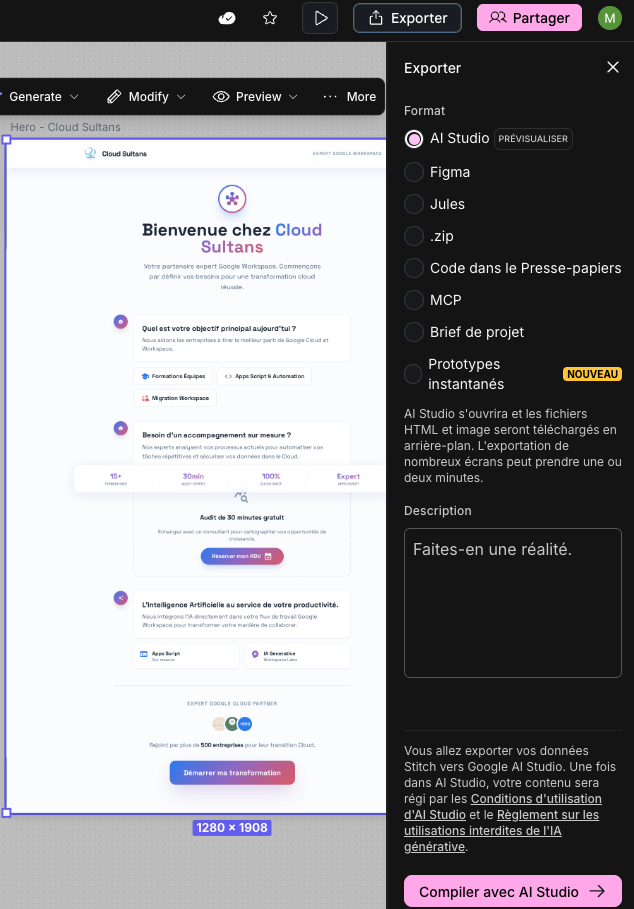 Workflow from Google Stitch to Google AI Studio