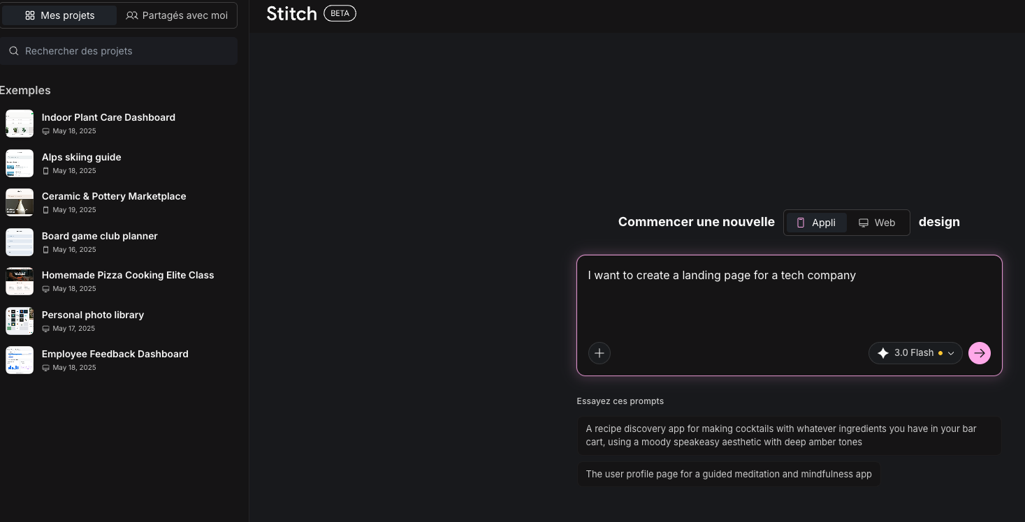 Google Stitch 3.0 Dashboard and Project Selection
