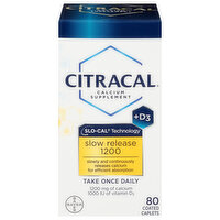 Citracal Calcium Supplement, +D3, 1200, Slow Release, Coated Caplets - 80 Each 