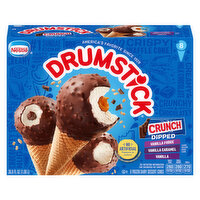 Drumstick Crunch Dipped Vanilla, Vanilla Caramel and Vanilla Fudge Cones