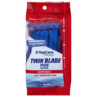 TopCare Razor, Twin Blade Plus, Disposable, with Lubricating Strip - 12 Each 