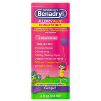 Benadryl Allergy Plus Congestion, Liquid, Grape Flavored - 4 Fluid ounce